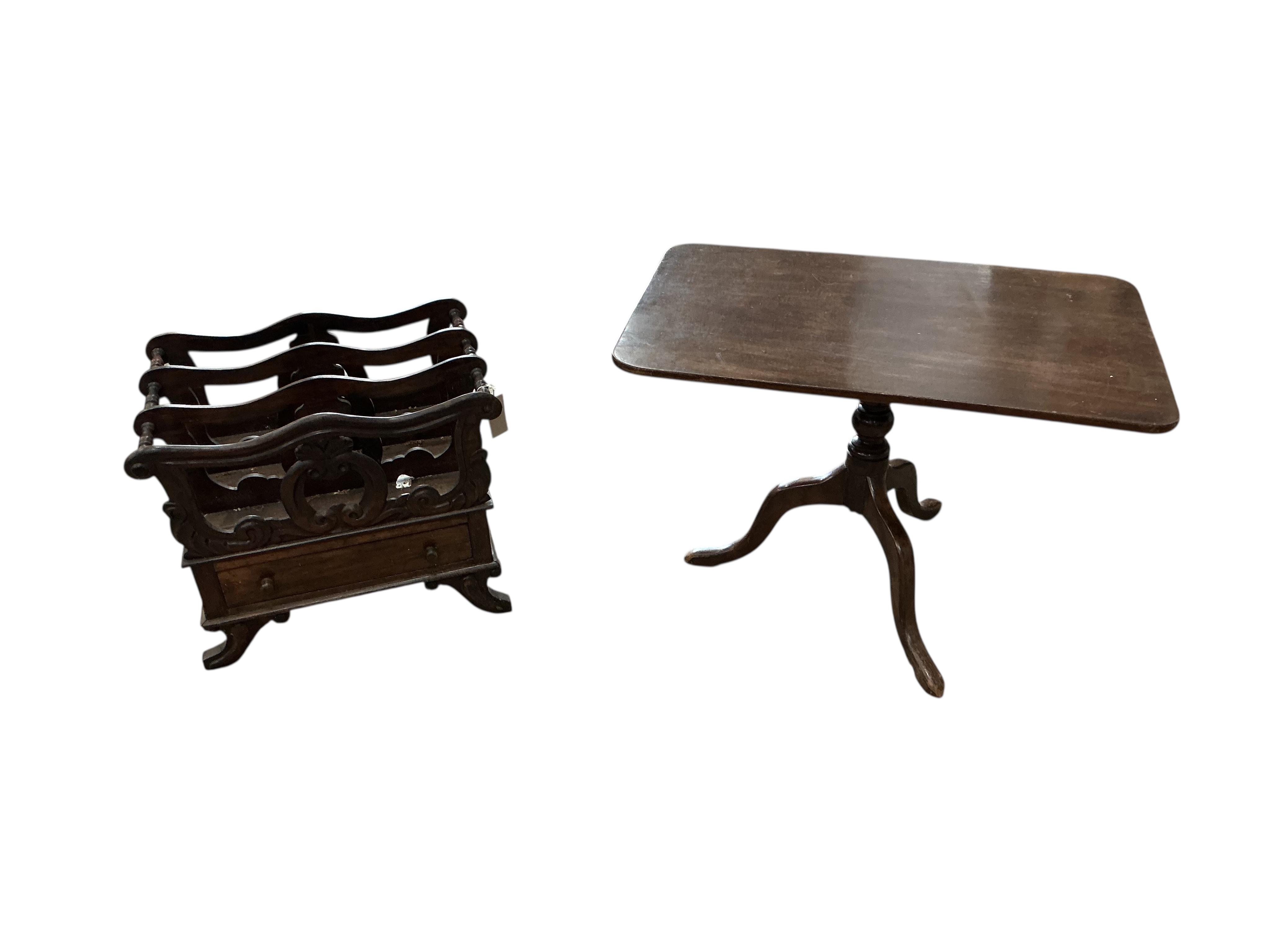 A Victorian rosewood Canterbury, an Edwardian folding chair, a tripod table and washstand